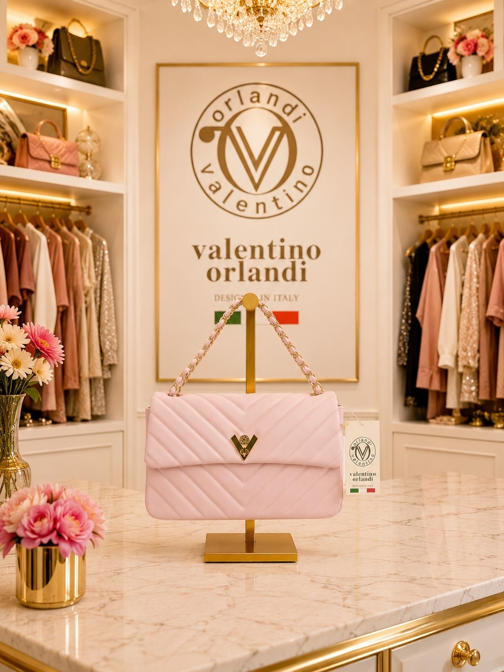 Brand New - Valentino Orlandi Pink Quilted Gold Chain-Handle Shoulder Bag